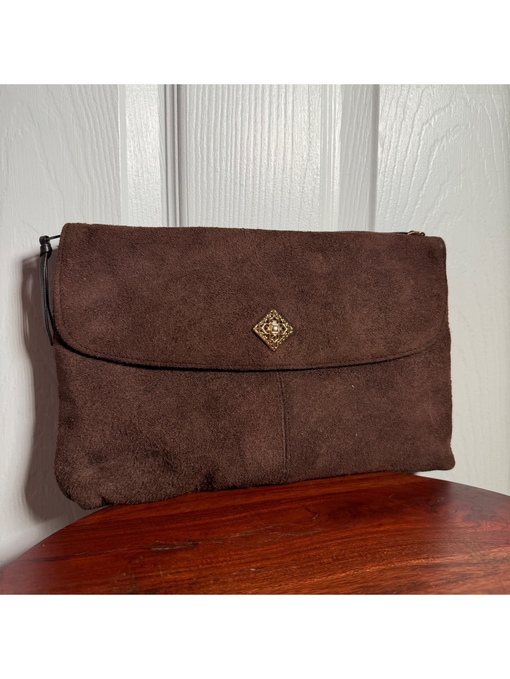 Vintage Y2K Brown Foldover Suede Genuine Leather Clutch Purse Gold Hardware